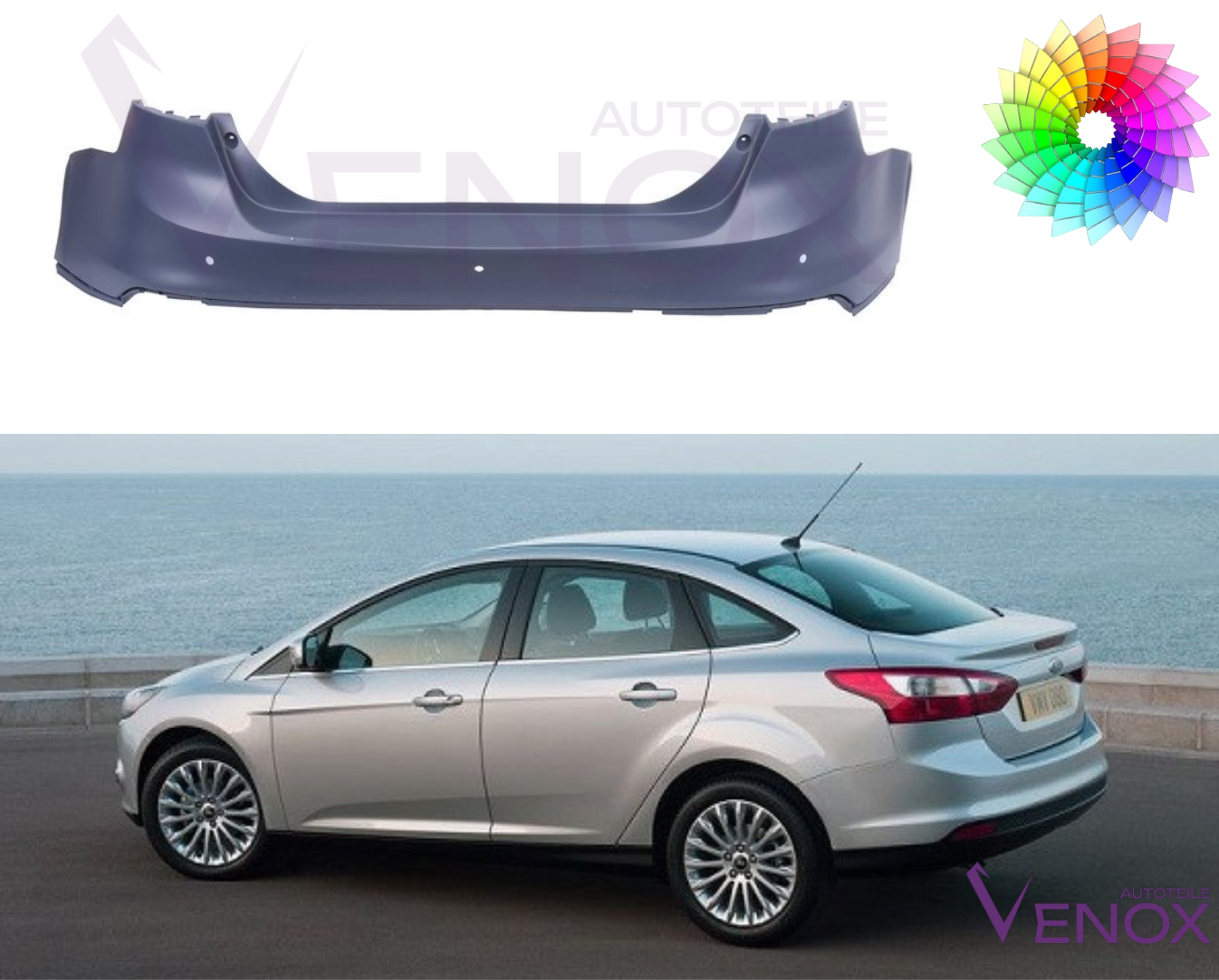 Zadný nárazník Ford Focus Mk3 2010-2014 Sdn PDC ľubovoľná farba – Obrázok 2