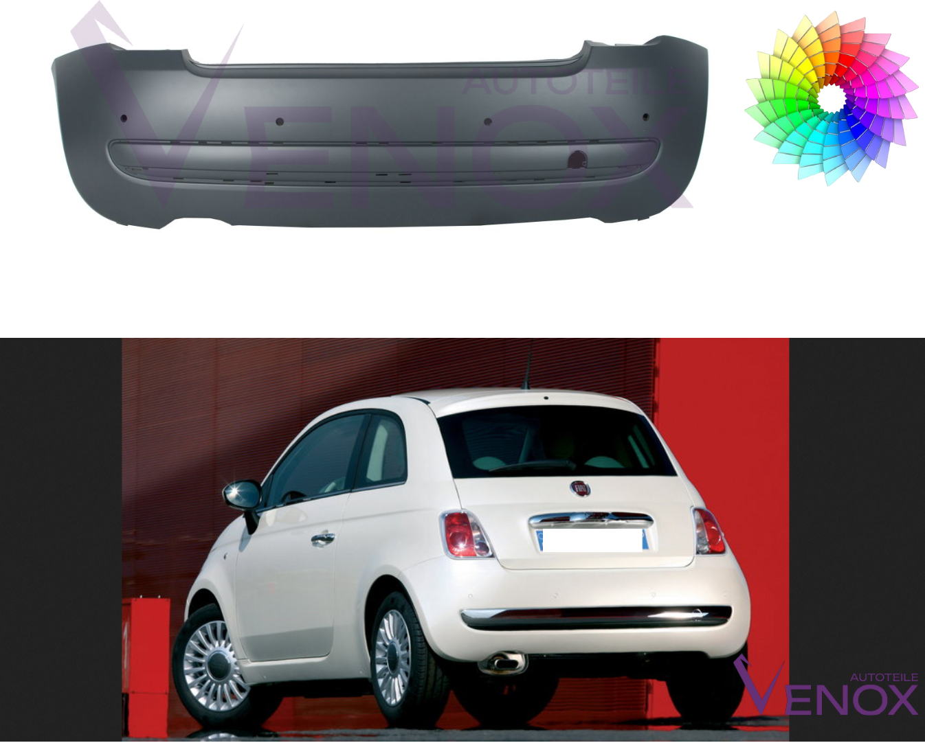 Zadný nárazník Fiat 500 (312) 07-15 4 PDC +L ľubovoľná farba – Obrázok 2