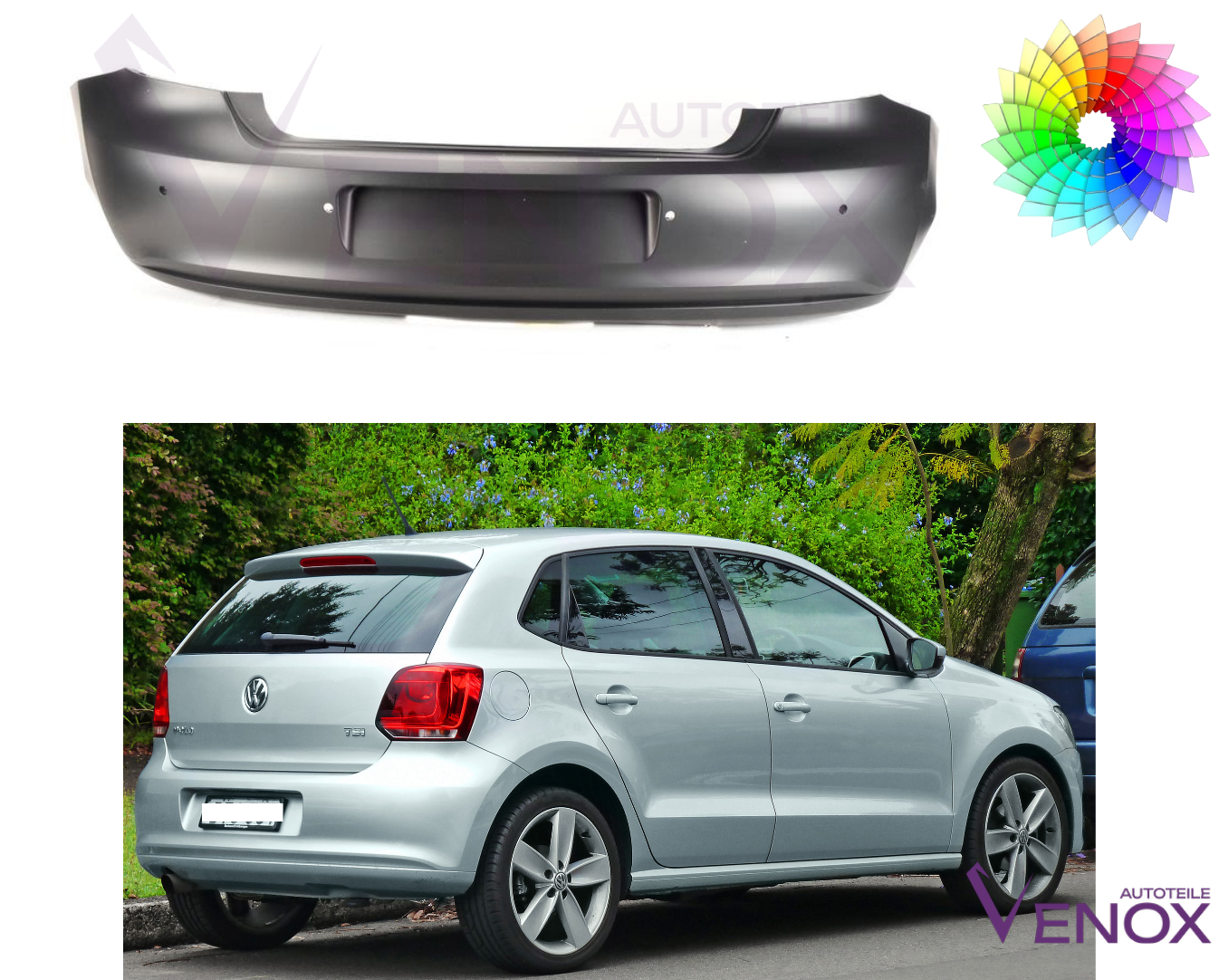 Zadný nárazník VW Polo 6R 2009-2014 PDC ľubovoľná farba – Obrázok 2