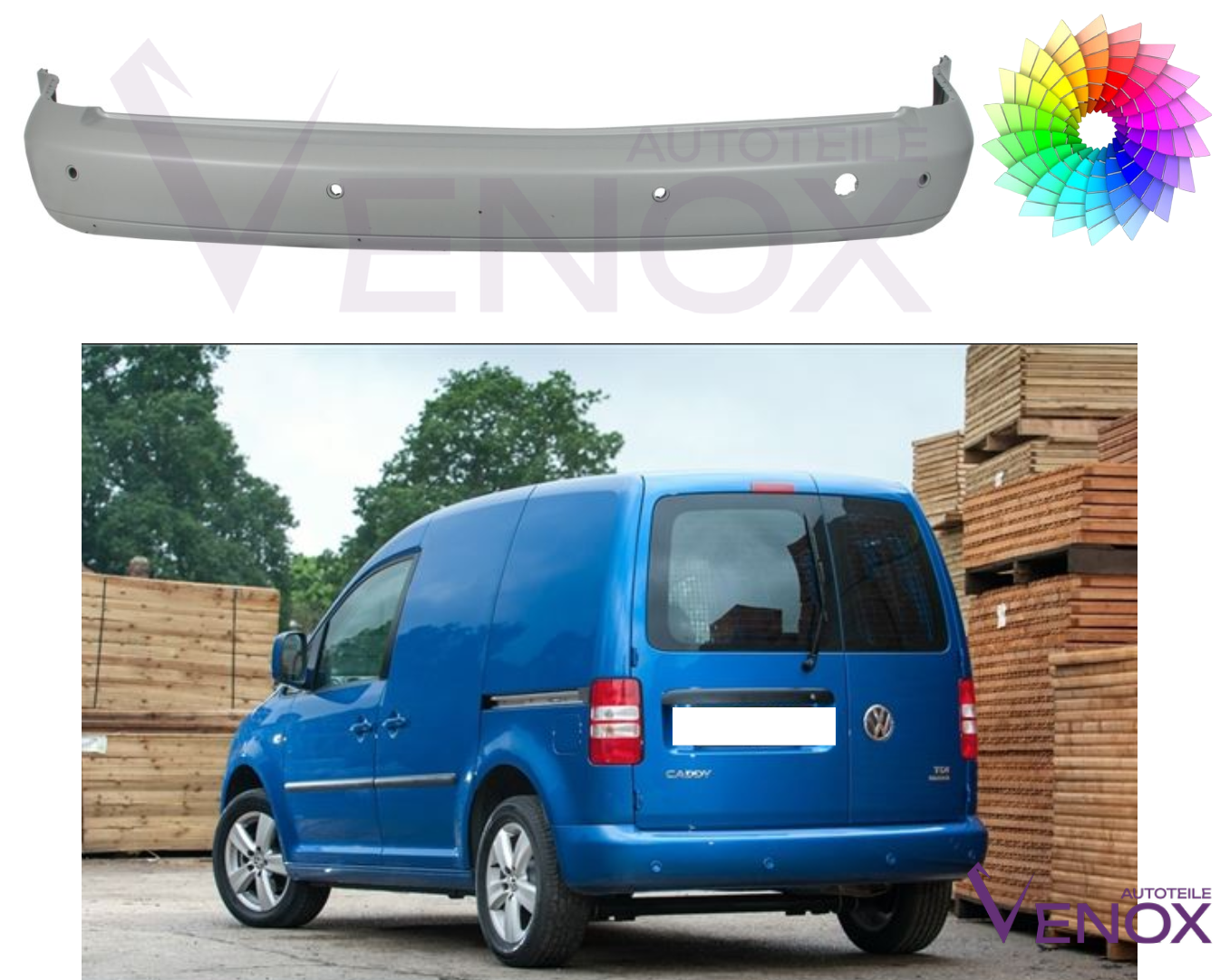 Zadný nárazník VW Caddy 10-15 6 PDC ľubovoľná farba – Obrázok 2