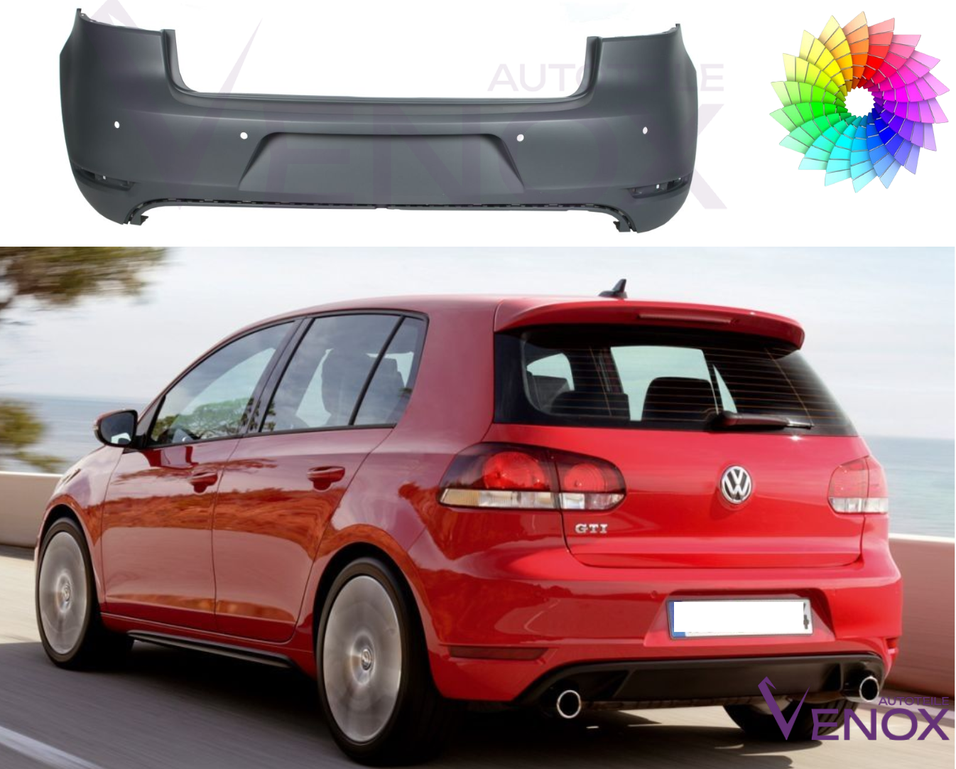 Zadný nárazník Vw Golf VI GTD GTI 2008-2016 4xPDC ľubovoľná farba – Obrázok 2