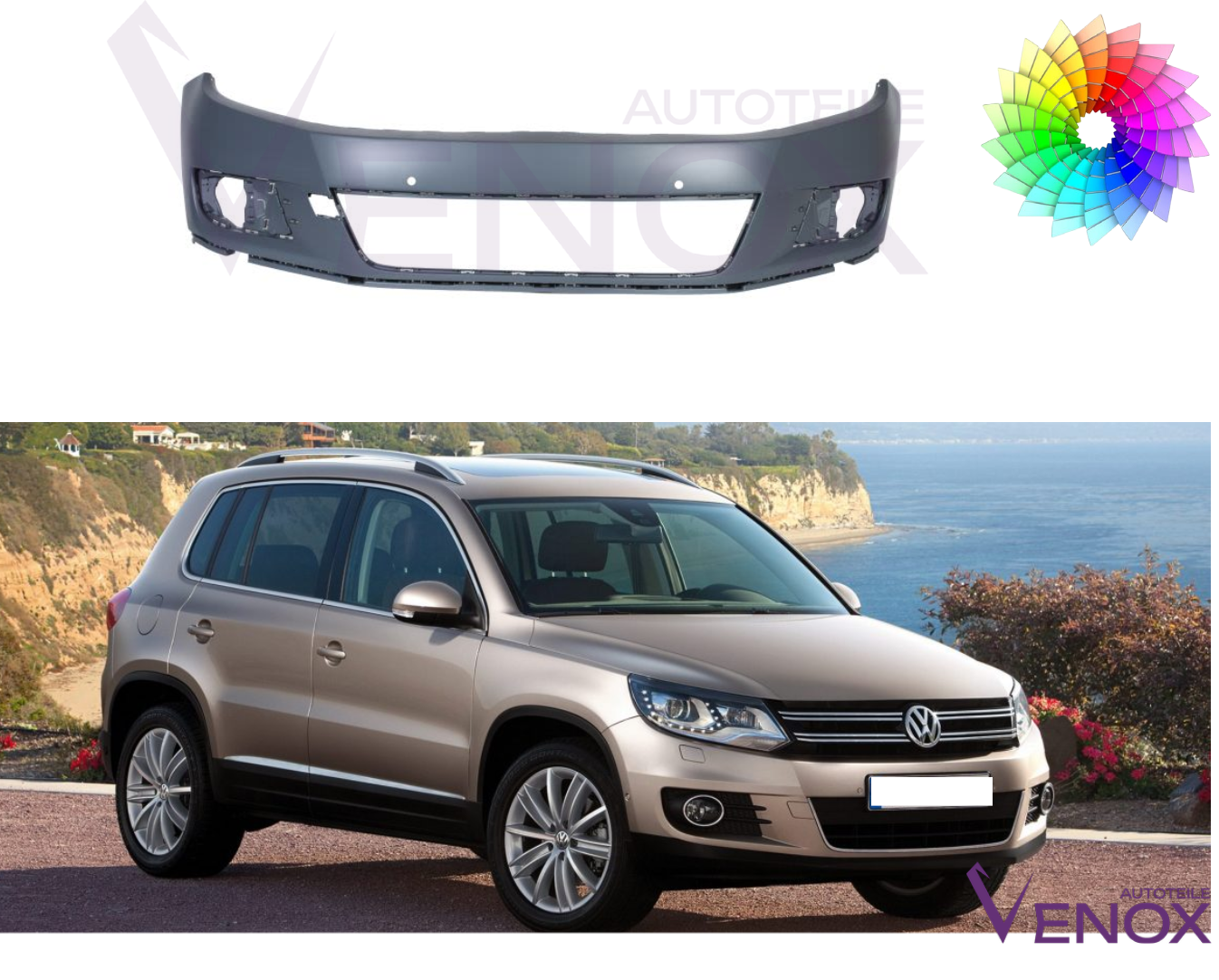 Predný nárazník VW Tiguan 5N 11-16 4xPDC ľubovoľná farba – Obrázok 2