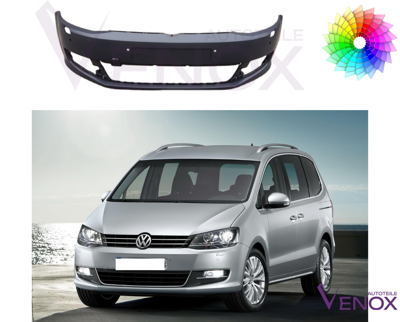 Predný nárazník VW Sharan 7N od 2010 SR+- 6xPDC ľubovoľná farba – Obrázok 2